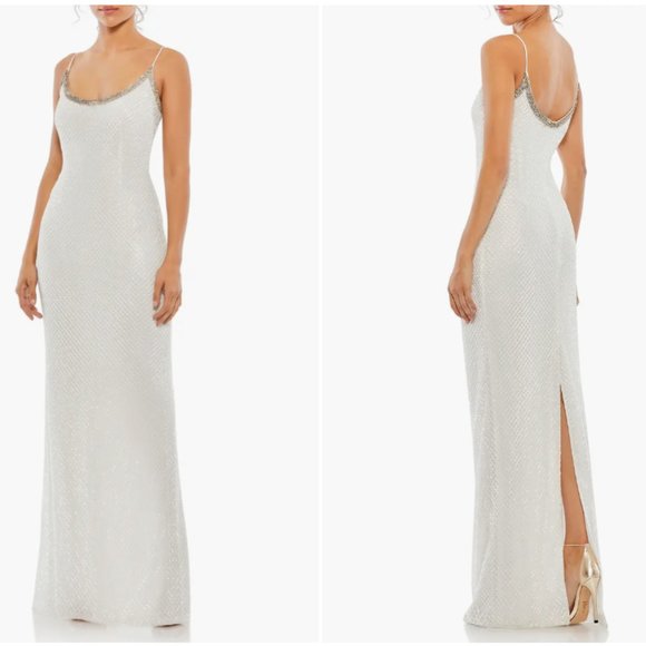 MAC DUGGAL LATTICE BEADED SPAGHETTI STRAP WHITE COLUMN GOWN sz 12 - Picture 1 of 4
